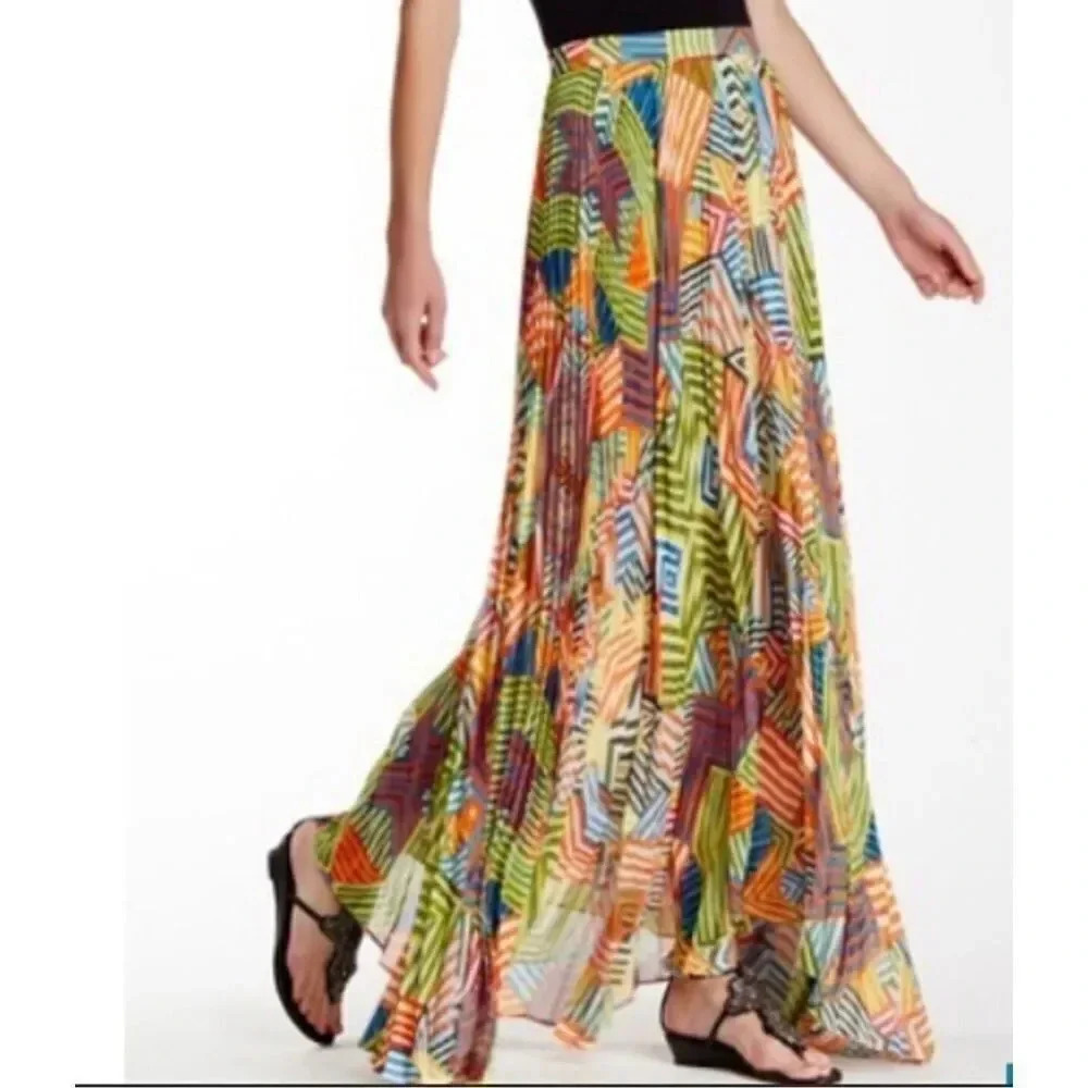 ALICE + OLIVIA Shannon Multicolor Maxi Skirt, Striped Pleated Chiffon Asymmetric